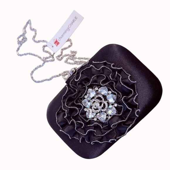 Charming Charlie Black Satin Clutch Purse Rhinestone Evening Bag Hard Case Ruffl - Picture 15 of 15